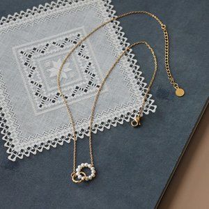 Gold Plated- Double Circles Pendant Pearl Necklace
